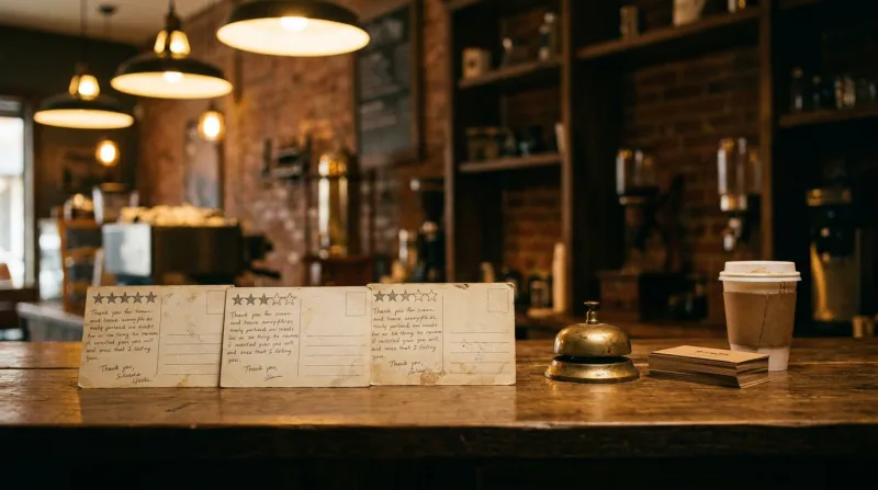 Bewertungs-Postkarten auf Café-Theke