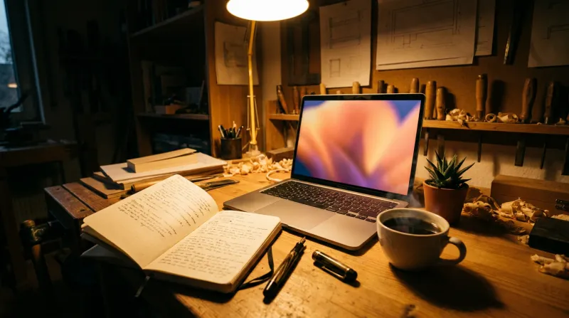 Aufgeklappter Laptop in warmem Abendlicht