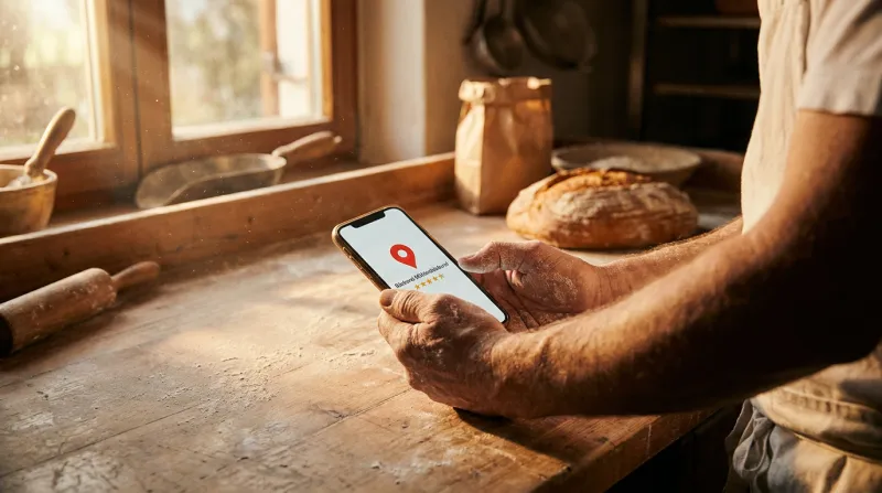 Handy mit Google Maps Pin auf Bäckerei-Tresen