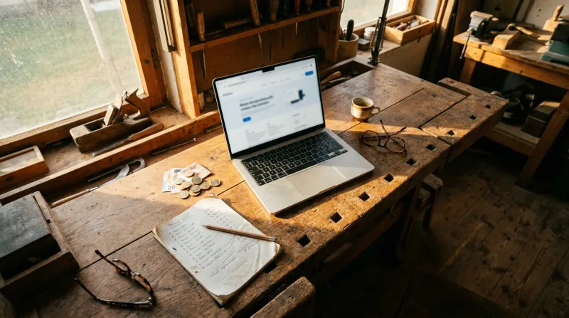 Laptop mit Münzen und Preisliste auf Holzschreibtisch